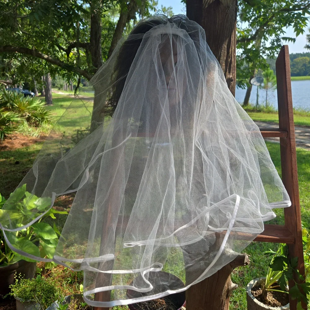 White Mesh Midi Length Veil With Satin Trim
